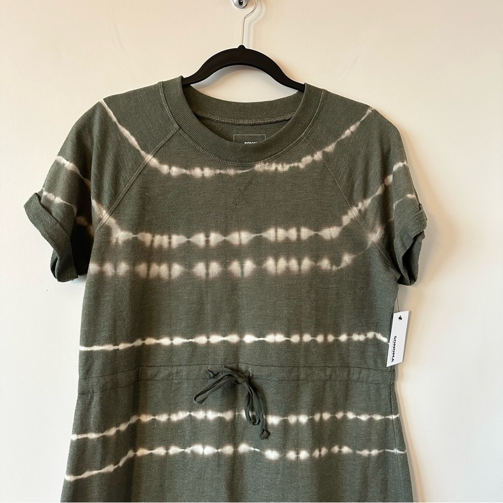 NWT-SONOMA OLIVE GREEN TIE DYE COTTON BLEND SHORT SLEEVE DRESS (Size:Large) - Picture 5 of 8